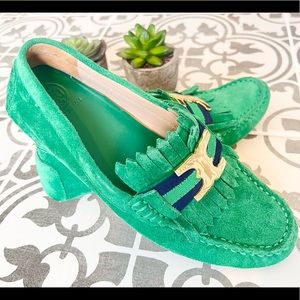 TORY BURCH Gemini Link Green Suede Loafers Size 6.5